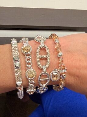 Bomb Party NWOT! Champagne Crystal and Silver Multi-Row Bracelet Set